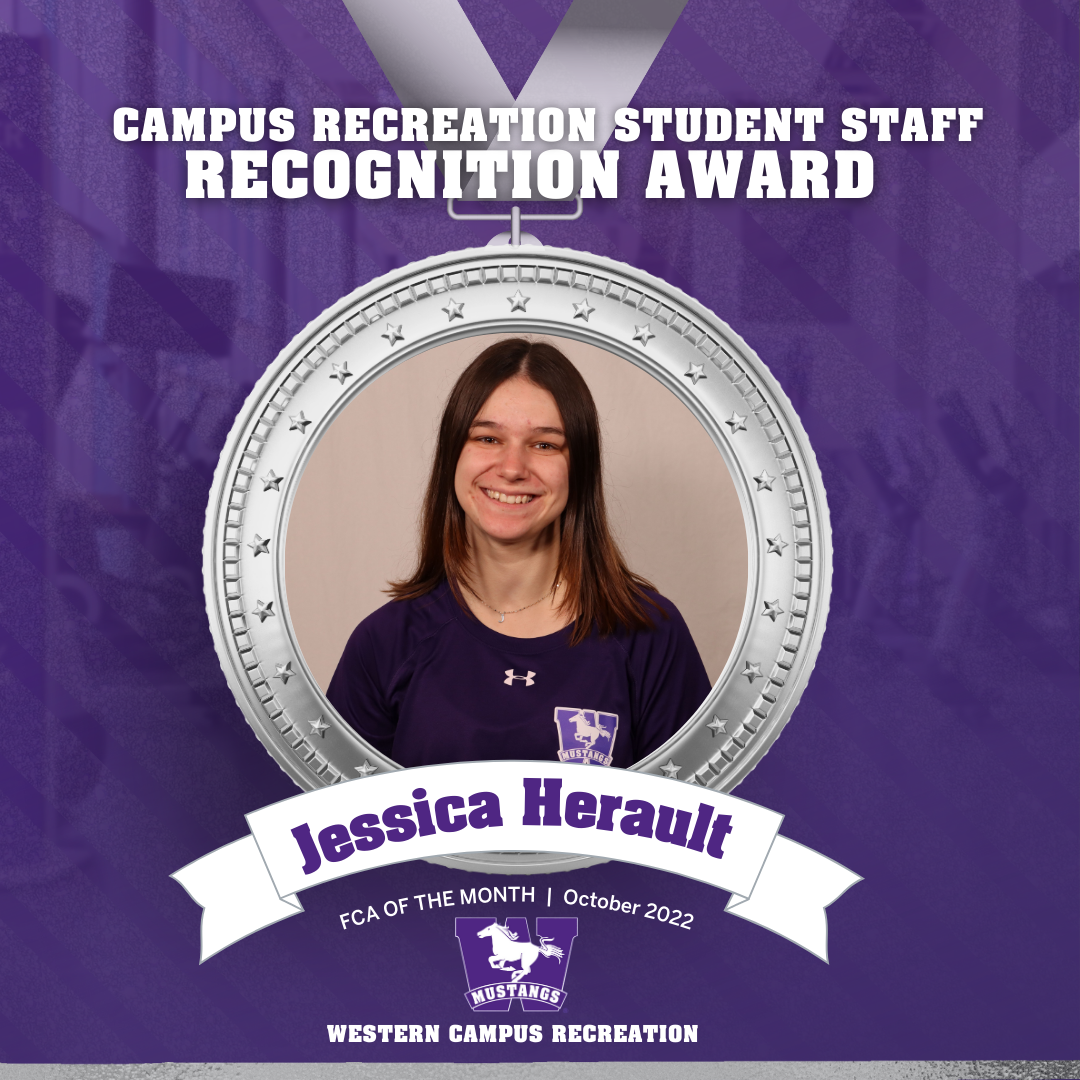 Head shot of Jessica Herault inside a silver medal graphic that says Student Staff recognition award